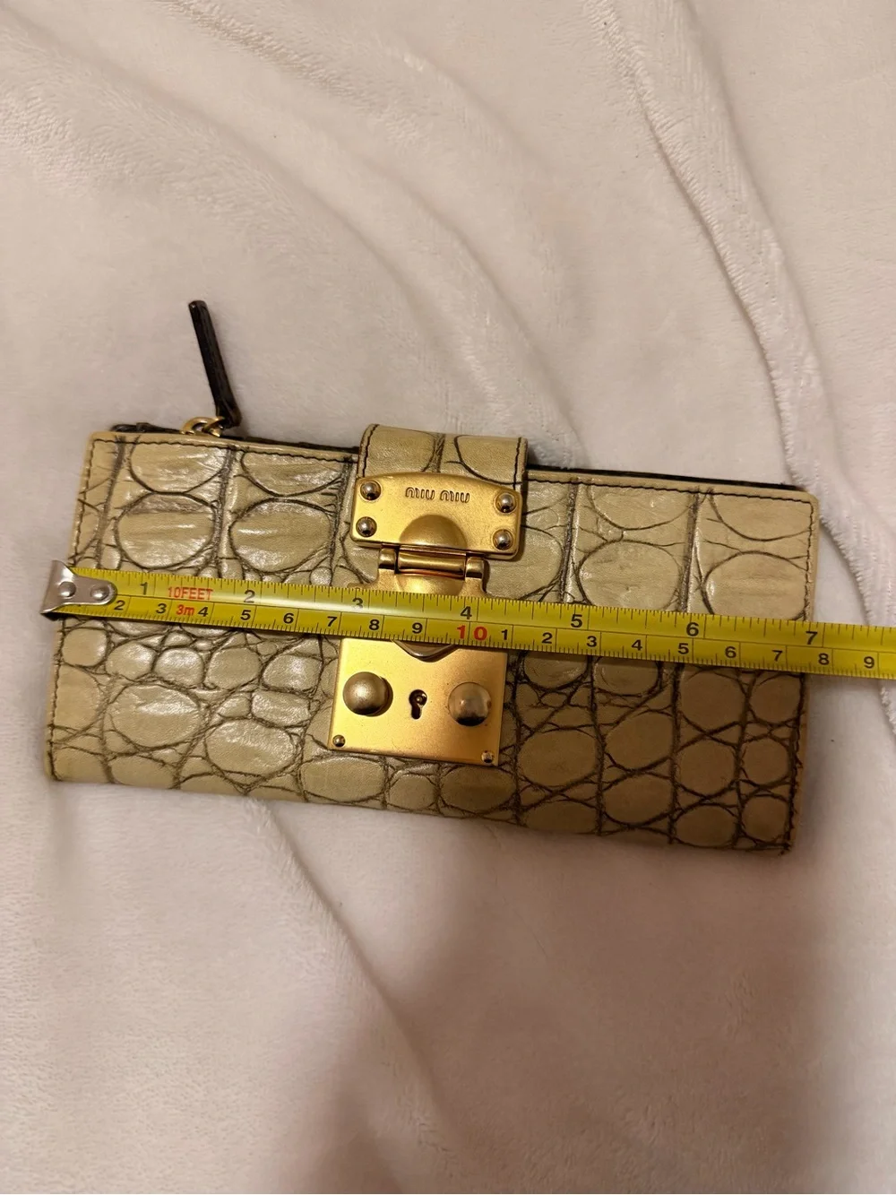 Miu Miu Croc-Embossed Beige Leather Card Holder with Gold Lock